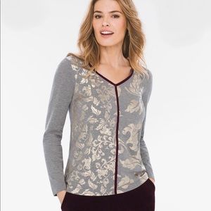 Chico’s-Zenergy Gold Foil Burgundy Velvet Trim Top